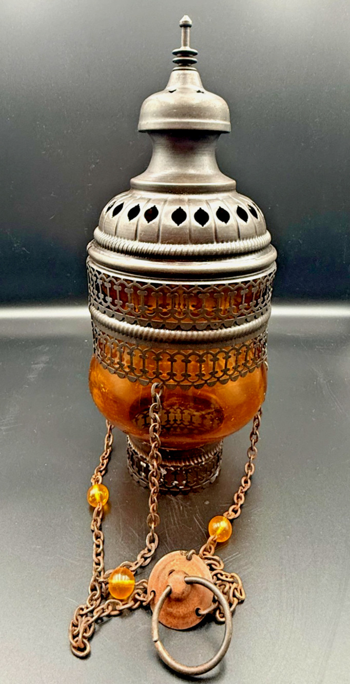 Hanging Metal Turkish Sanctuary Vigil Lamp Candle Holder Amber Glass Ornate Boho